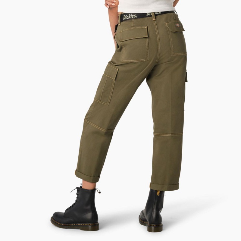 Green Dickies Relaxed Fit Contrast Stitch Cropped Women's Cargo Pants | 057-LQXSFK