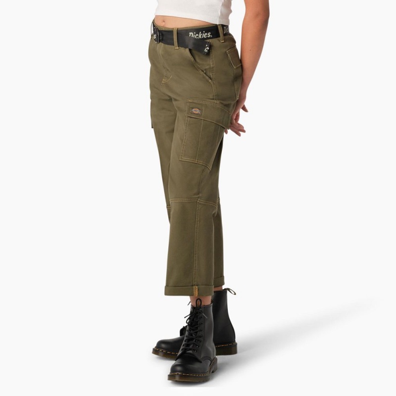 Green Dickies Relaxed Fit Contrast Stitch Cropped Women's Cargo Pants | 057-LQXSFK