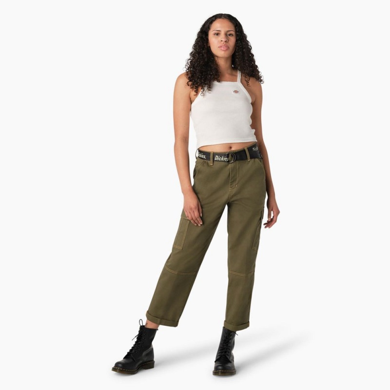 Green Dickies Relaxed Fit Contrast Stitch Cropped Women's Cargo Pants | 057-LQXSFK