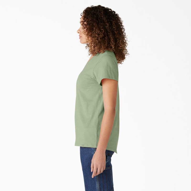 Green Dickies Short Sleeve V-Neck Women's T-Shirt | 683-FKVTLQ