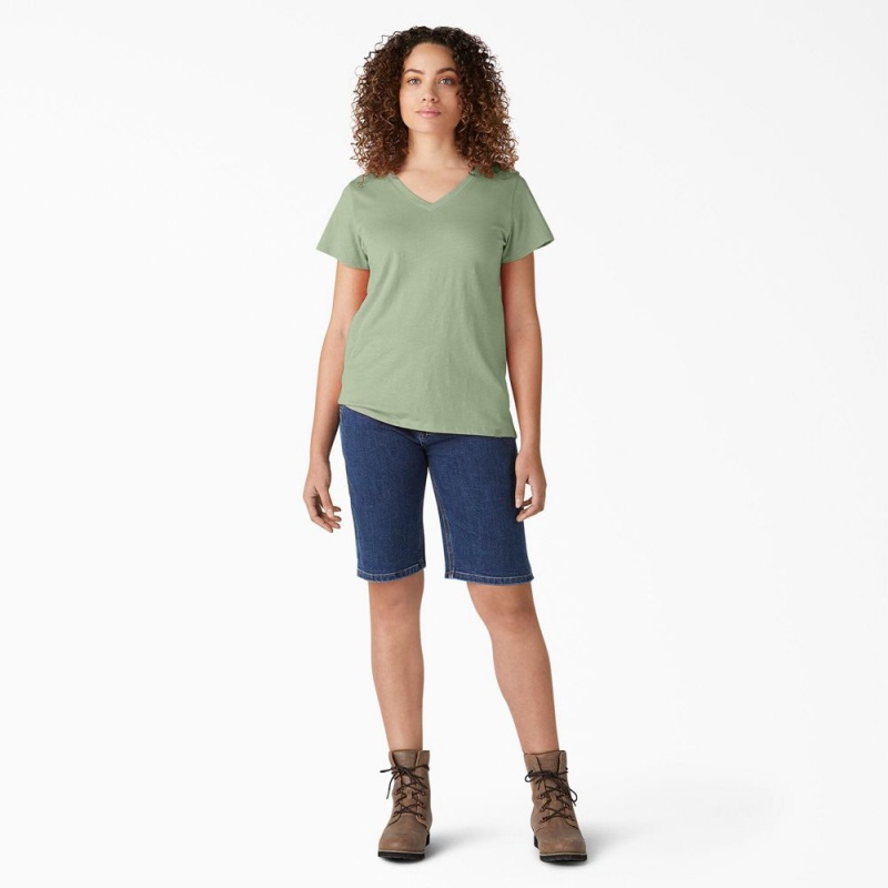 Green Dickies Short Sleeve V-Neck Women's T-Shirt | 683-FKVTLQ