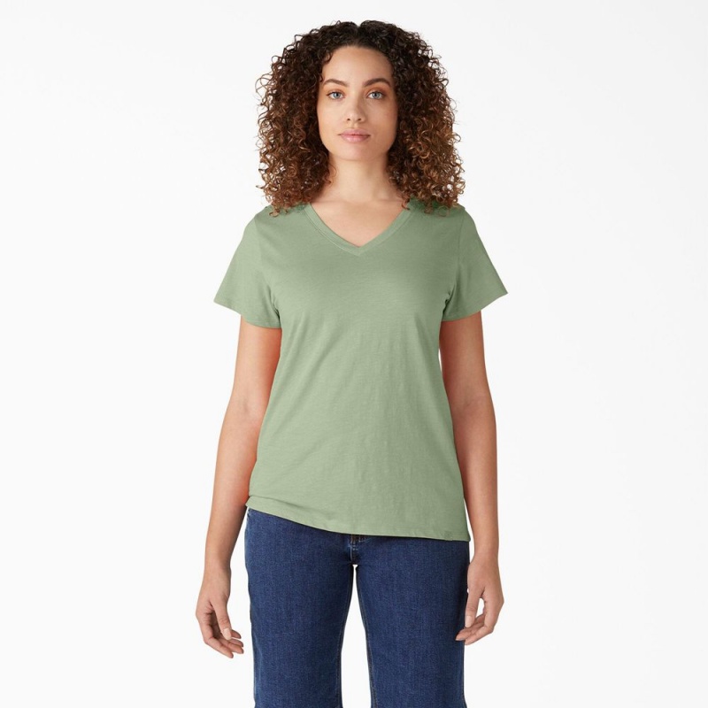 Green Dickies Short Sleeve V-Neck Women\'s T-Shirt | 683-FKVTLQ