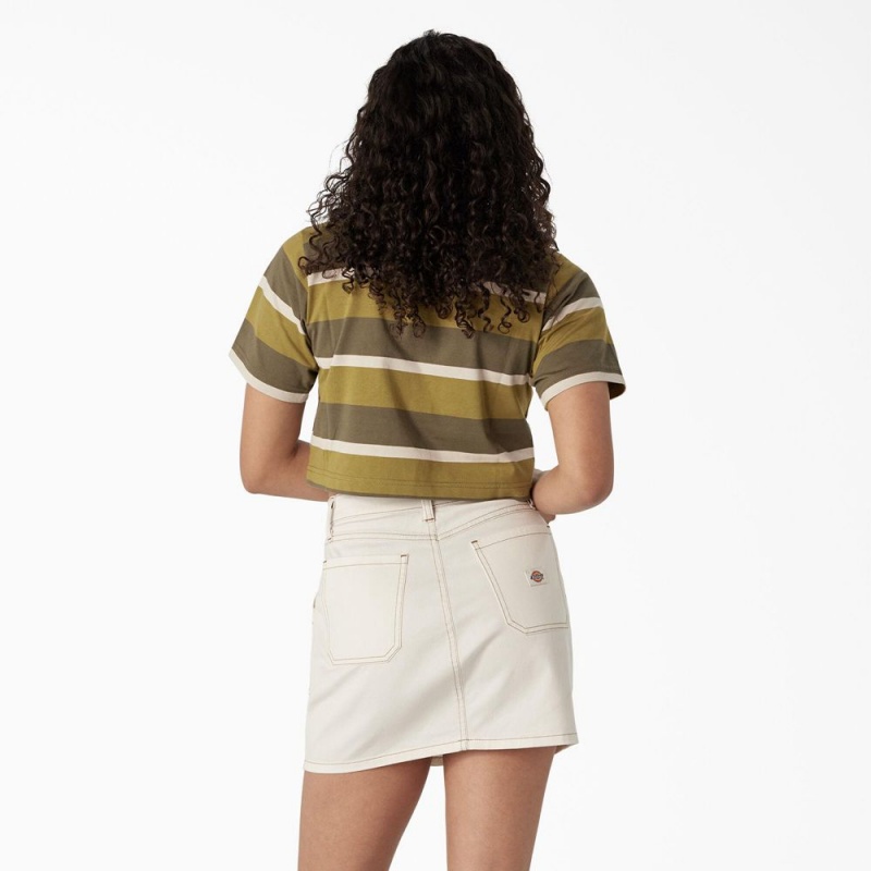 Green Dickies Striped Cropped Pocket Women's T-Shirt | 256-NCJBAX