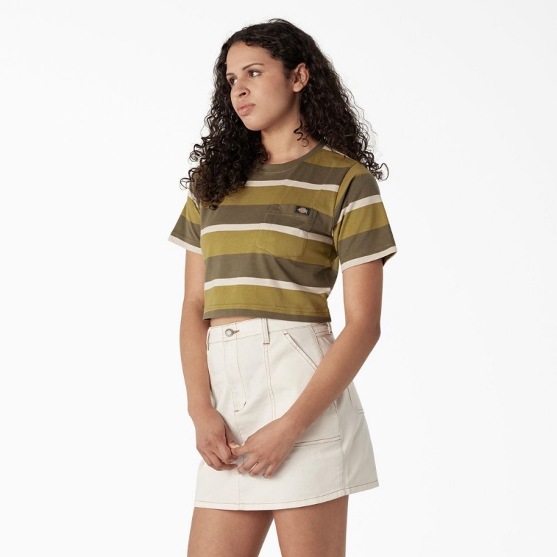 Green Dickies Striped Cropped Pocket Women's T-Shirt | 256-NCJBAX