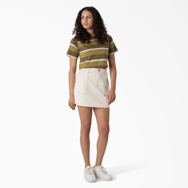 Green Dickies Striped Cropped Pocket Women's T-Shirt | 256-NCJBAX