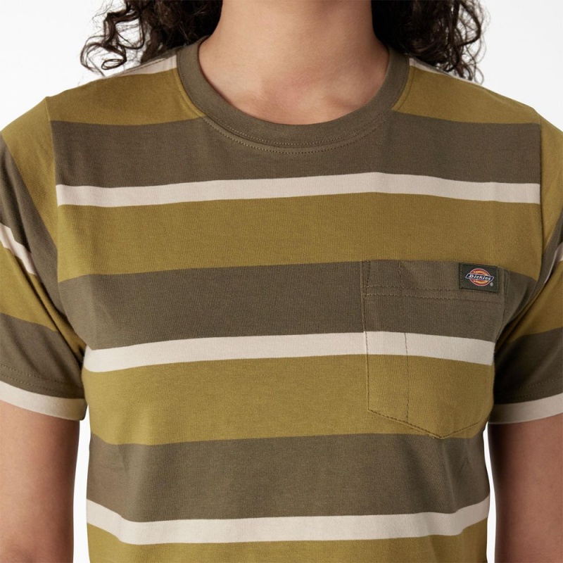 Green Dickies Striped Cropped Pocket Women's T-Shirt | 256-NCJBAX