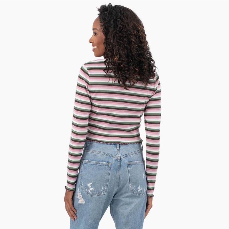 Green Dickies Striped Long Sleeve Cropped Women's T-Shirt | 527-GXEHLN