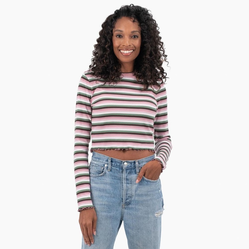 Green Dickies Striped Long Sleeve Cropped Women\'s T-Shirt | 527-GXEHLN