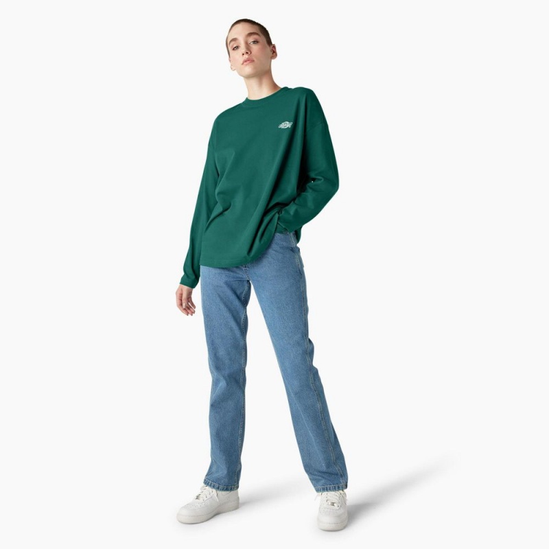 Green Dickies Summerdale Long Sleeve Women's T-Shirt | 579-RJSOAL