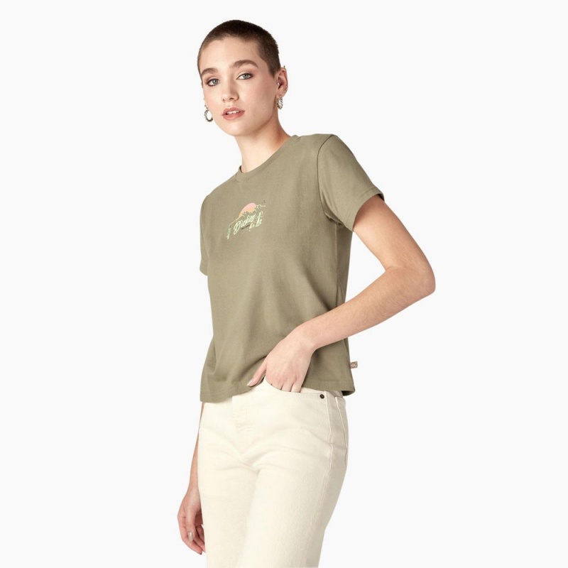 Green Dickies Twill Ranch Graphic Women's T-Shirt | 859-DECNMU