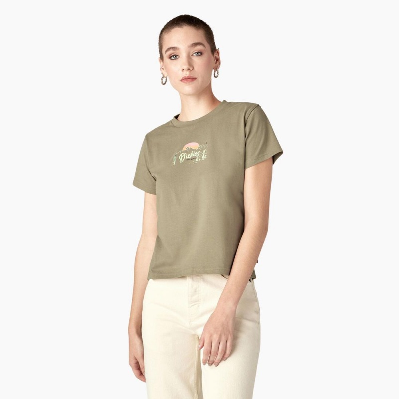 Green Dickies Twill Ranch Graphic Women\'s T-Shirt | 859-DECNMU