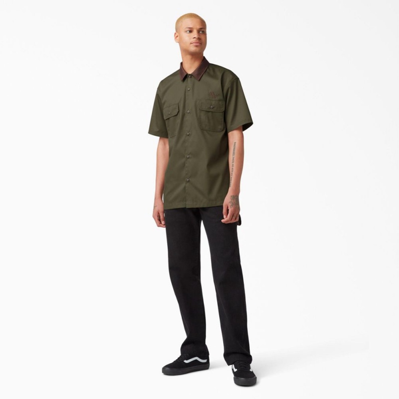 Green Dickies Vincent Alvarez Block Collar Men's Work Shirts | 103-ZLGOFW