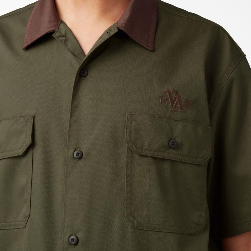 Green Dickies Vincent Alvarez Block Collar Men's Work Shirts | 103-ZLGOFW