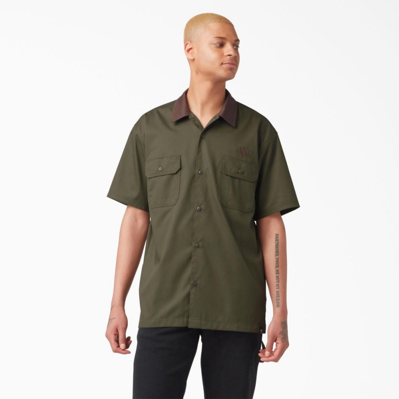 Green Dickies Vincent Alvarez Block Collar Men\'s Work Shirts | 103-ZLGOFW