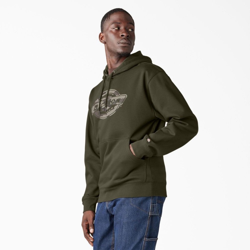 Green Dickies Water Repellent Camo Logo Men's Hoodie | 915-EGFLKO