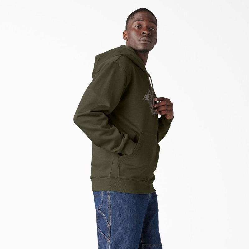 Green Dickies Water Repellent Camo Logo Men's Hoodie | 915-EGFLKO