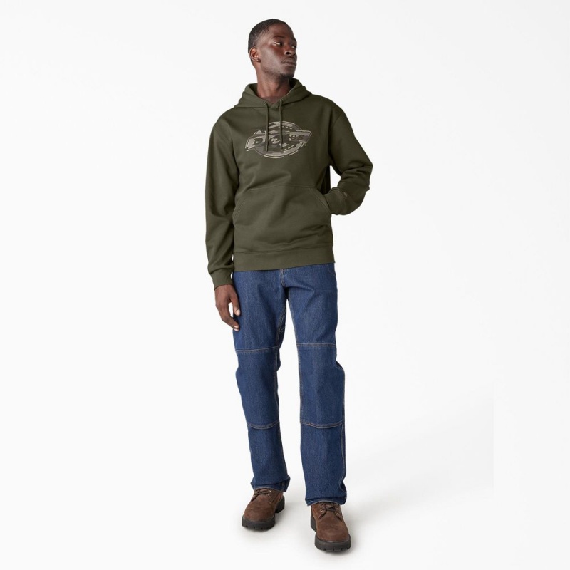 Green Dickies Water Repellent Camo Logo Men's Hoodie | 915-EGFLKO