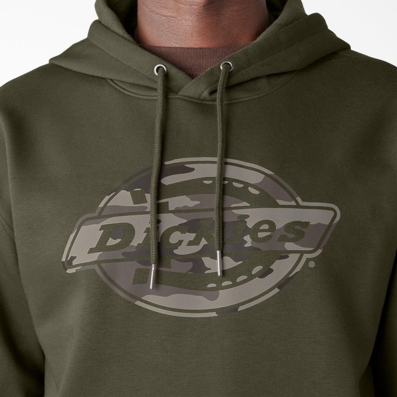 Green Dickies Water Repellent Camo Logo Men's Hoodie | 915-EGFLKO