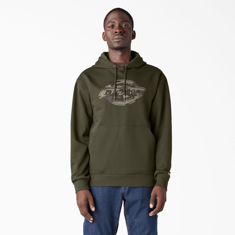 Green Dickies Water Repellent Camo Logo Men\'s Hoodie | 915-EGFLKO