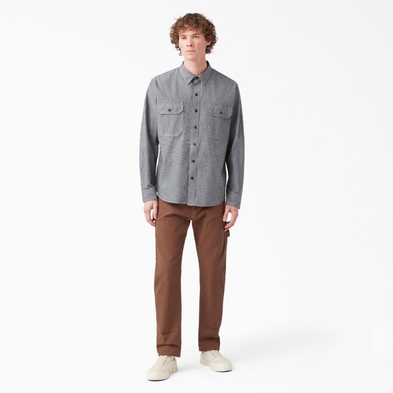 Grey Dickies 1922 Long Sleeve Men's Work Shirts | 623-XJDKWB