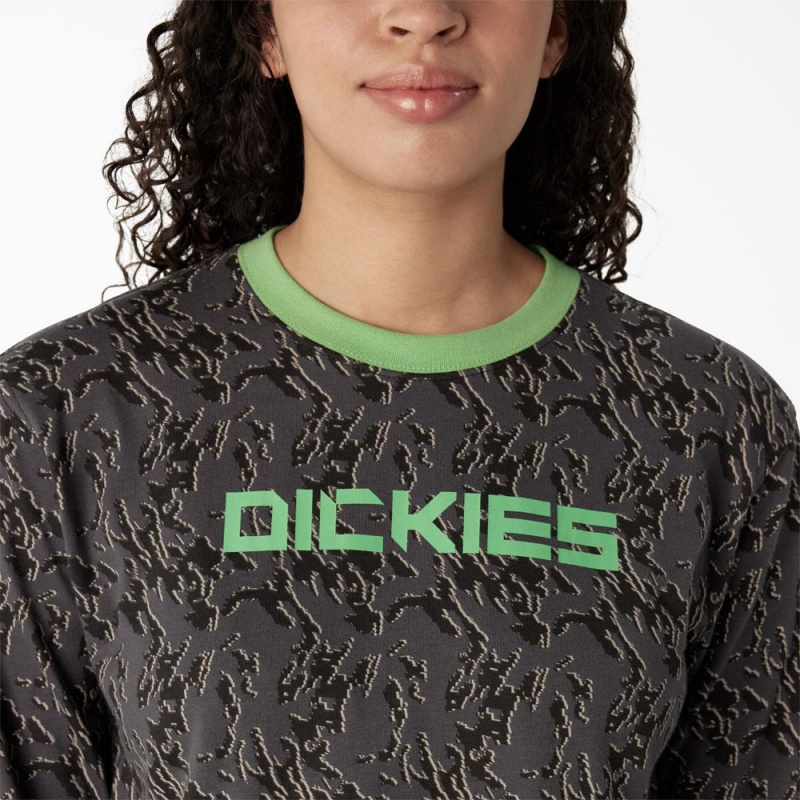 Grey Dickies Camo Long Sleeve Cropped Women's T-Shirt | 576-PDFEYT