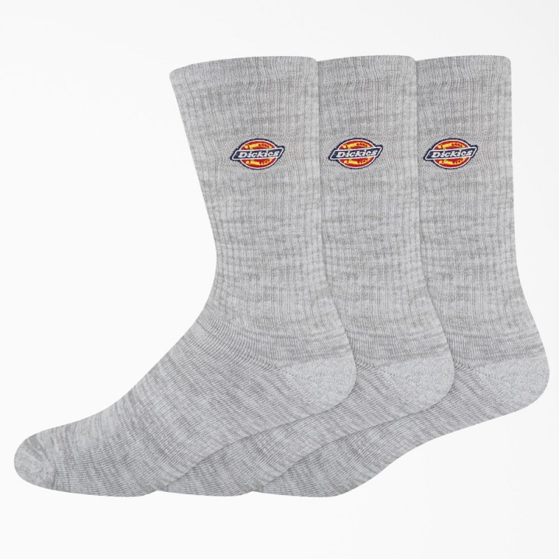 Grey Dickies Embroidered Crew 3-Pack Men\'s Socks | 692-GJIZFB