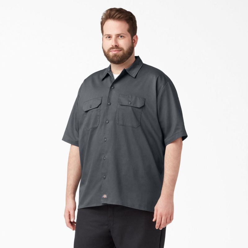 Grey Dickies FLEX Relaxed Fit Short Sleeve Men's Work Shirts | 783-TKOSIG