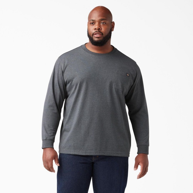 Grey Dickies Heavyweight Heathered Long Sleeve Pocket Men's T-Shirt | 820-IFCSKX