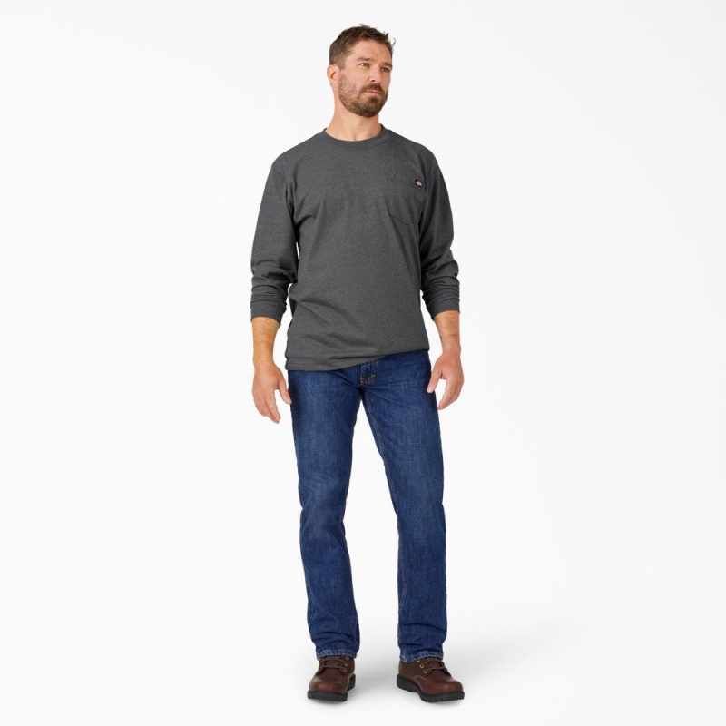 Grey Dickies Heavyweight Heathered Long Sleeve Pocket Men's T-Shirt | 820-IFCSKX