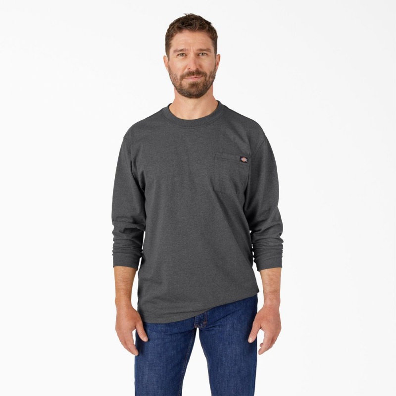 Grey Dickies Heavyweight Heathered Long Sleeve Pocket Men\'s T-Shirt | 820-IFCSKX