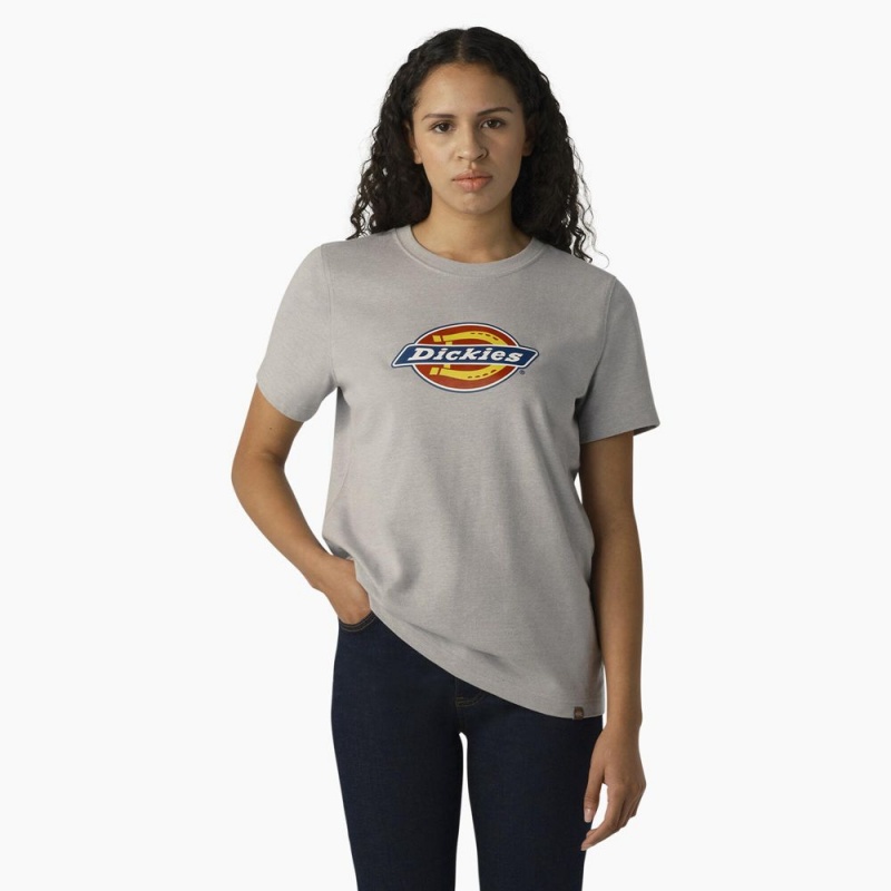 Grey Dickies Heavyweight Logo Women\'s T-Shirt | 421-SBIJDL