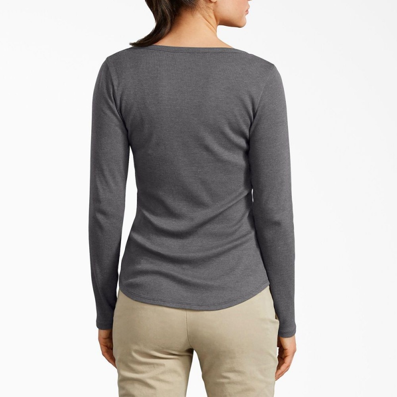 Grey Dickies Henley Long Sleeve Women's T-Shirt | 836-IEYCFV