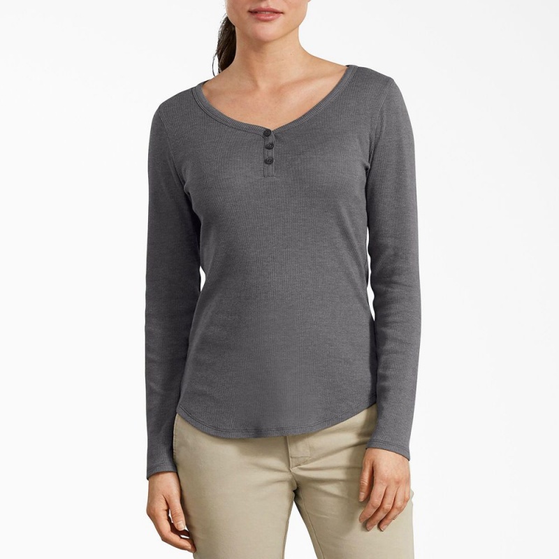 Grey Dickies Henley Long Sleeve Women\'s T-Shirt | 836-IEYCFV