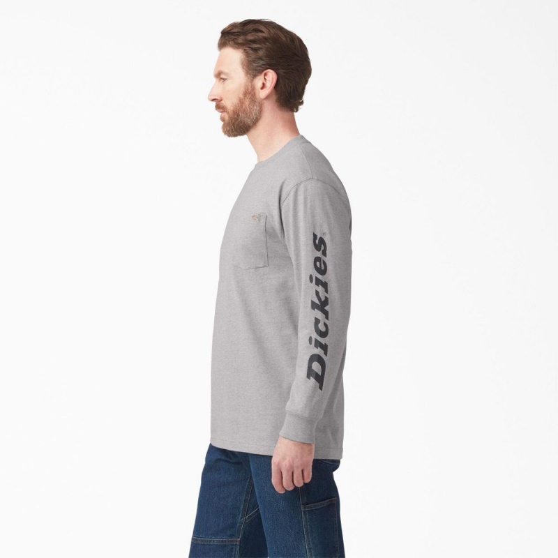 Grey Dickies Logo Graphic Long Sleeve Pocket Men's T-Shirt | 172-KWHOTY