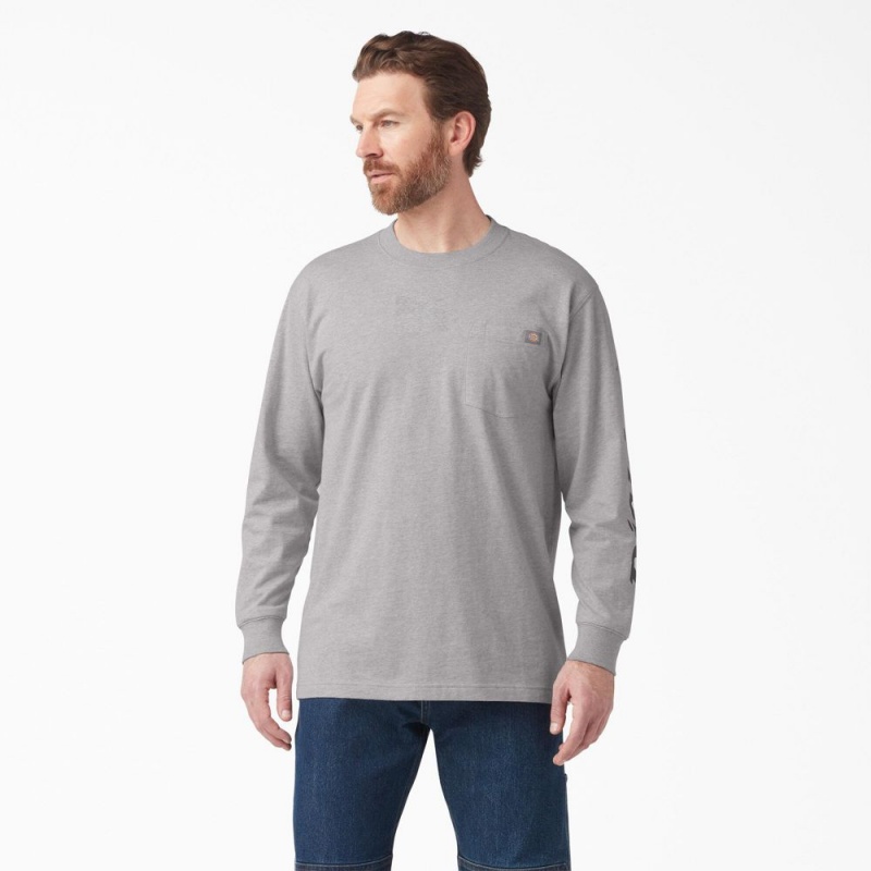 Grey Dickies Logo Graphic Long Sleeve Pocket Men\'s T-Shirt | 172-KWHOTY