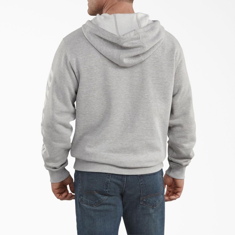 Grey Dickies Logo Sleeve Fleece Men's Hoodie | 704-ETGXYV