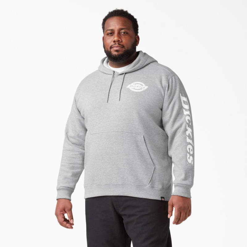 Grey Dickies Logo Sleeve Fleece Men's Hoodie | 704-ETGXYV