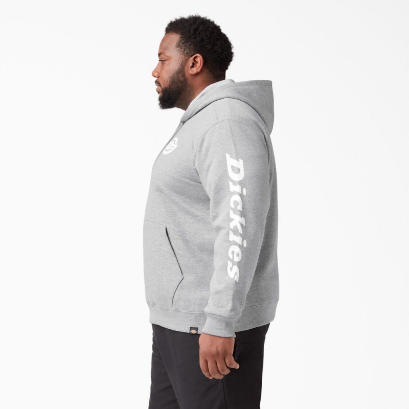 Grey Dickies Logo Sleeve Fleece Men's Hoodie | 704-ETGXYV