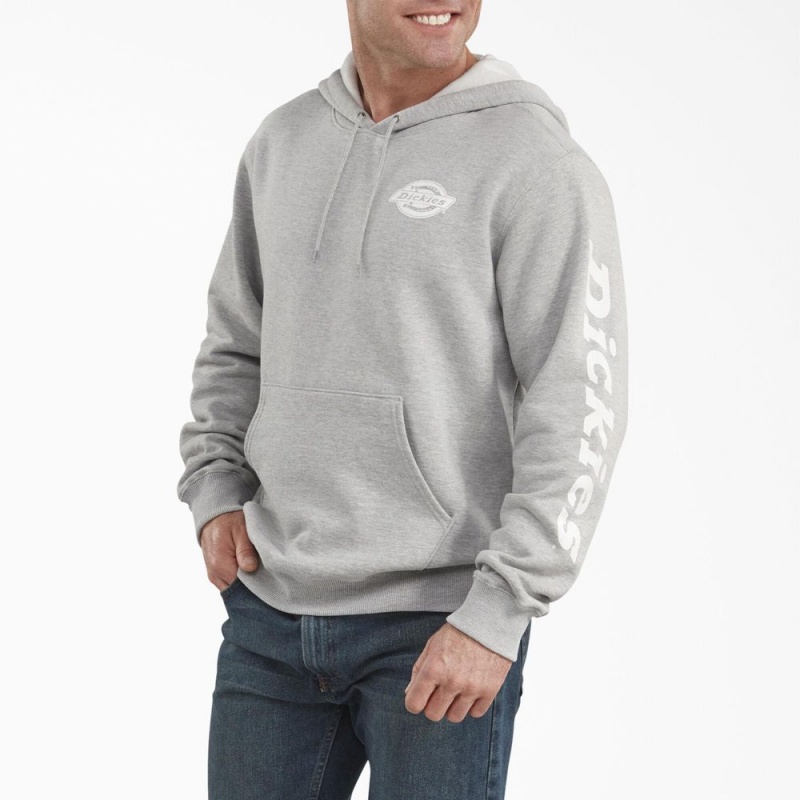 Grey Dickies Logo Sleeve Fleece Men\'s Hoodie | 704-ETGXYV