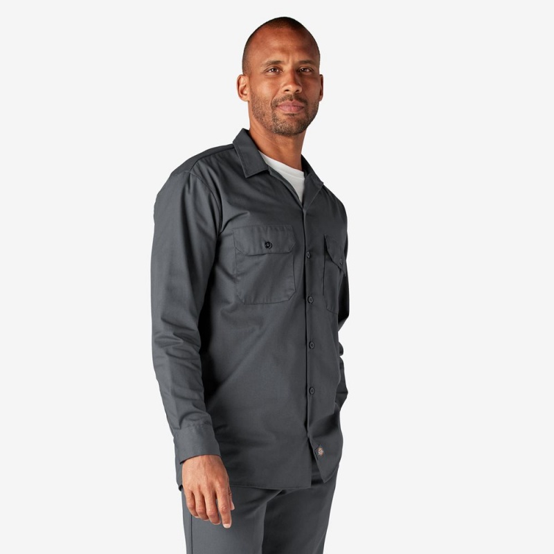 Grey Dickies Long Sleeve Men's Work Shirts | 560-KENSOR