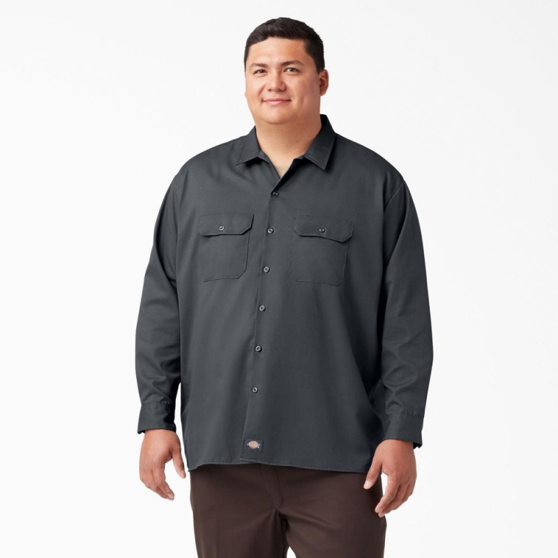 Grey Dickies Long Sleeve Men's Work Shirts | 560-KENSOR