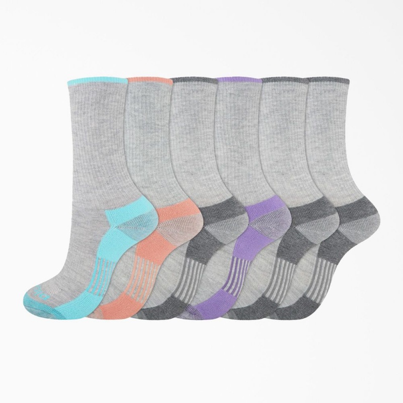 Grey Dickies Moisture Control Crew 6-Pack Women\'s Socks | 470-URANGY