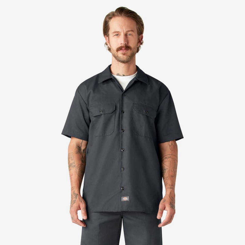 Grey Dickies Short Sleeve Men\'s Work Shirts | 678-KTPCXR