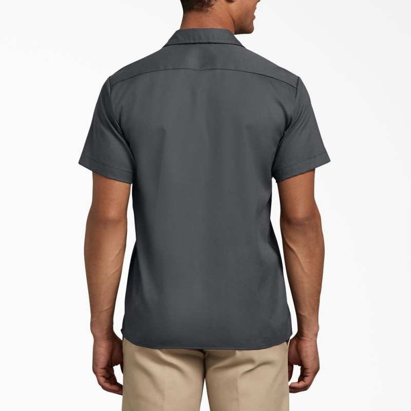 Grey Dickies Slim Fit Short Sleeve Men's Work Shirts | 593-UZSJTL