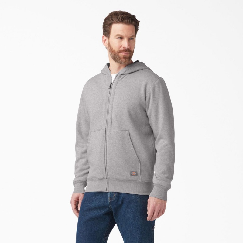 Grey Dickies Thermal Lined Full-Zip Fleece Men\'s Hoodie | 651-TDVMHS