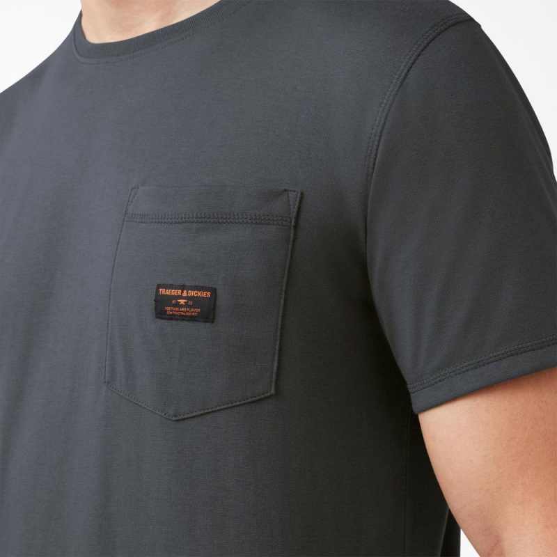 Grey Dickies Traeger x Pocket Men's T-Shirt | 528-KXJAZM