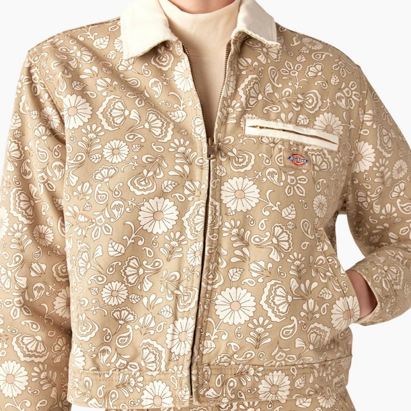 Khaki Dickies Ellis Floral Duck Canvas Women's Jacket | 629-PJFVOE