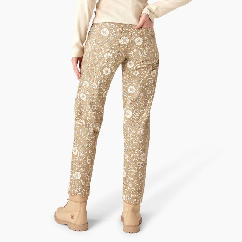 Khaki Dickies Ellis Floral Duck Canvas Women's Pants | 782-GBYRQO