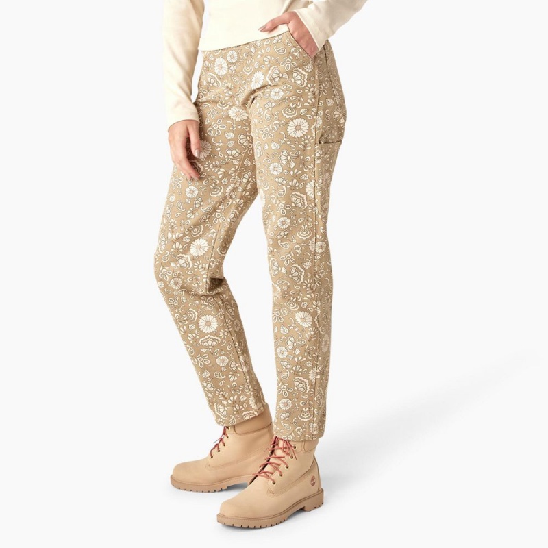 Khaki Dickies Ellis Floral Duck Canvas Women's Pants | 782-GBYRQO