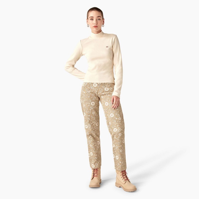 Khaki Dickies Ellis Floral Duck Canvas Women's Pants | 782-GBYRQO